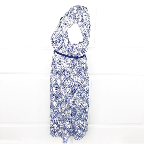 Ann Taylor Loft Blue Cream Floral Cap Sleeve Dress - Picture 2 of 4